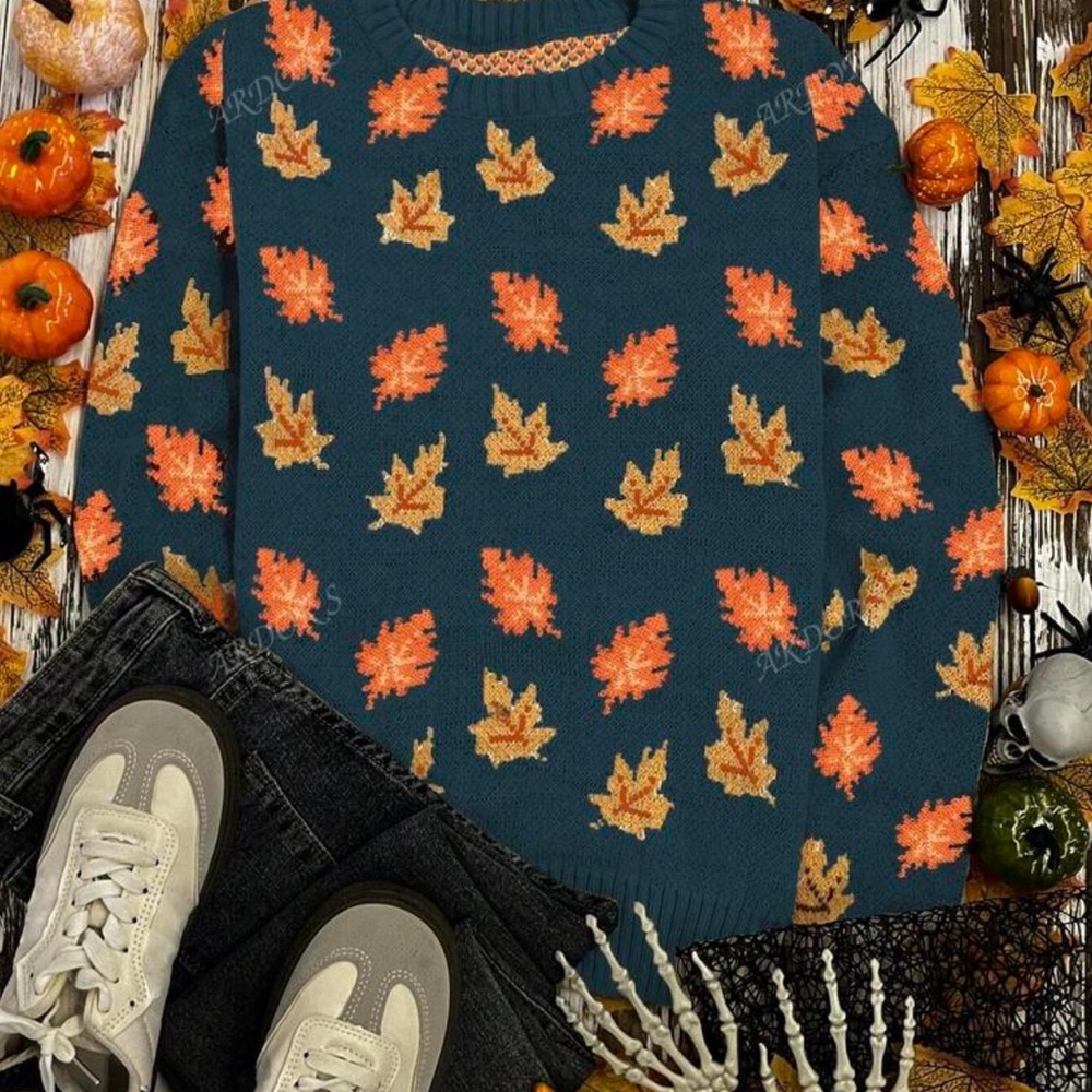 SHEIN Teal and Orange Leaf Pattern Sweater